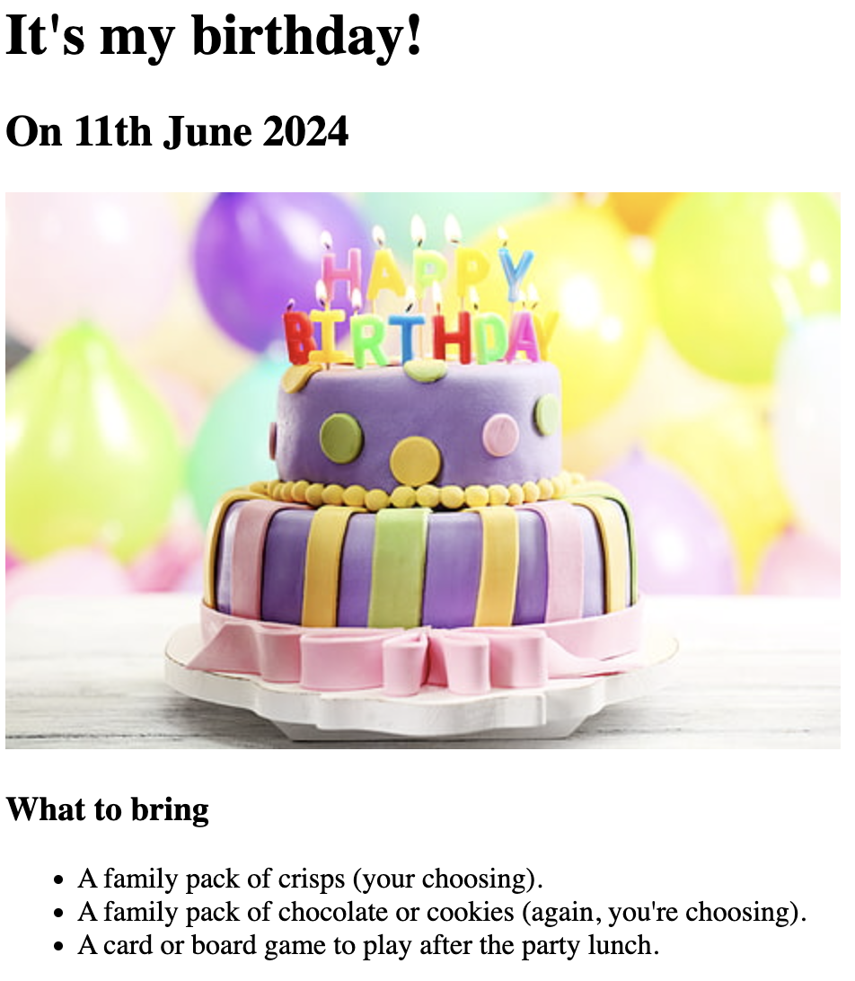 A screenshot of my birthday requirements.